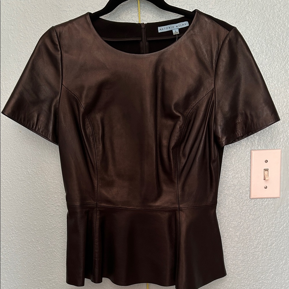 ANTONIO MELANI Black Leather Peplum Blouse